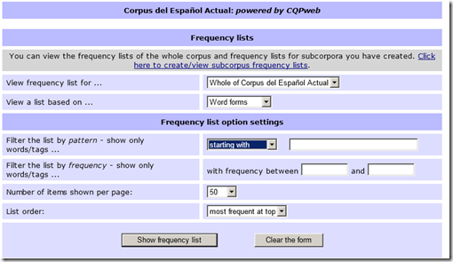 Corpus of Contemporary Spanish frequency interface